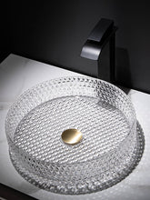 Bathroom Vessel Sink with Black Faucet, Modern Clear Tempered Glass Basin with Pop-Up Drain, Artistic Round Basin Bowl Set, Above Counter Vanity Sink